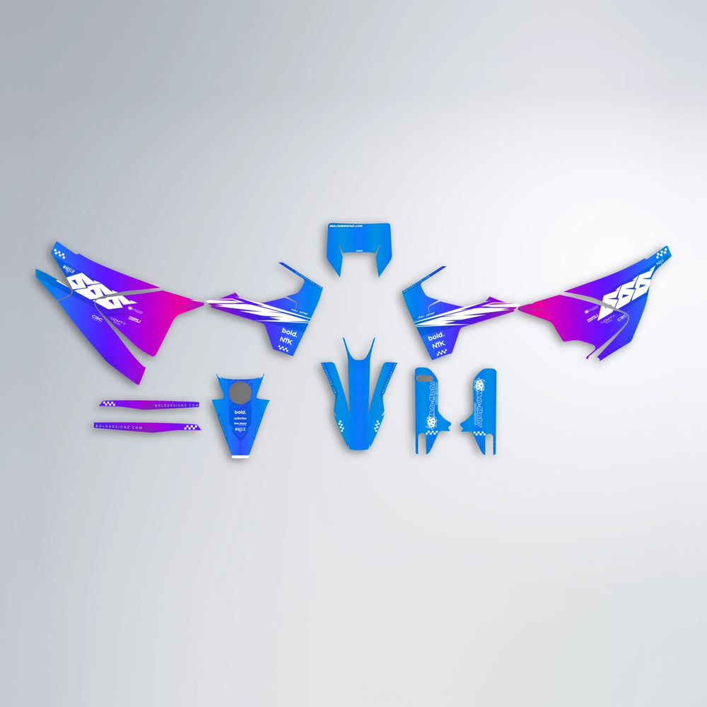 NTK V5 Husqvarna 701 graphics kit parts layout in Blue Purple Fade