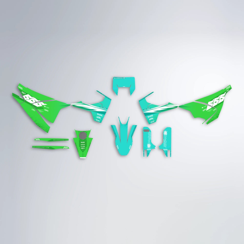 NTK V5 Husqvarna 701 graphics kit parts layout in Cyan & Green
