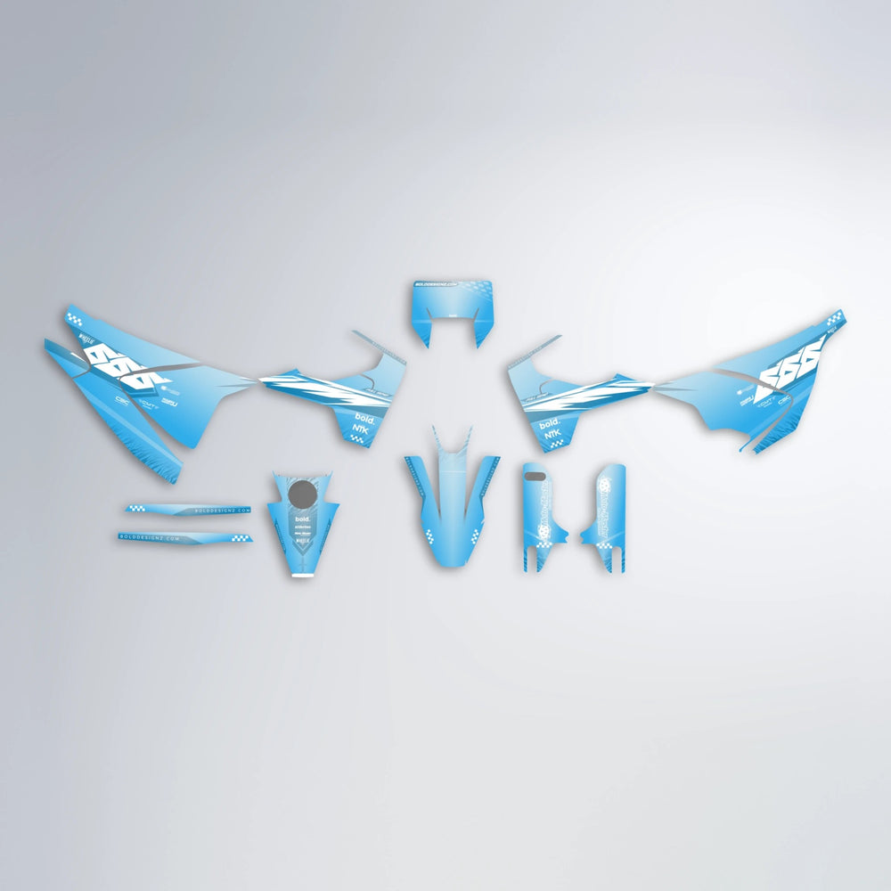 NTK V5 Husqvarna 701 graphics kit parts layout in Light Blue & White