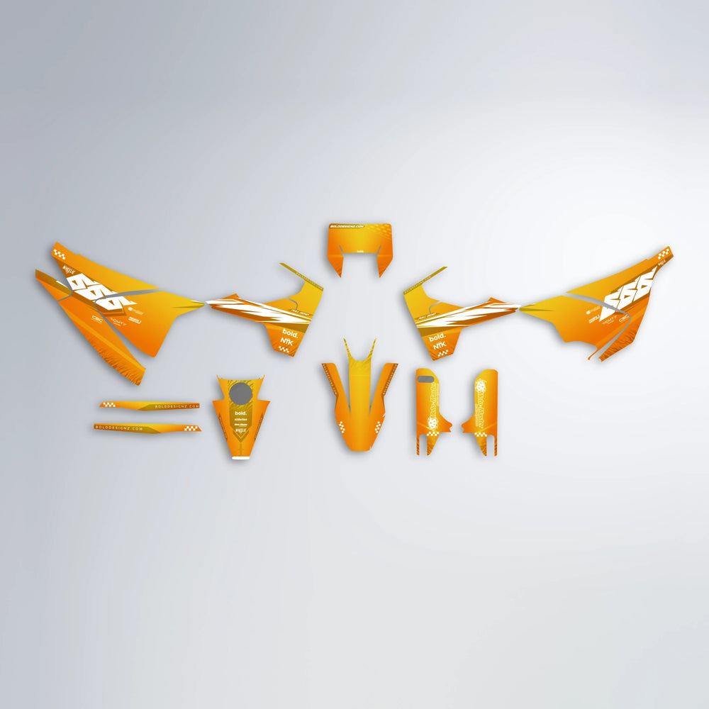 NTK V5 Husqvarna 701 graphics kit parts layout in Orange & Yellow