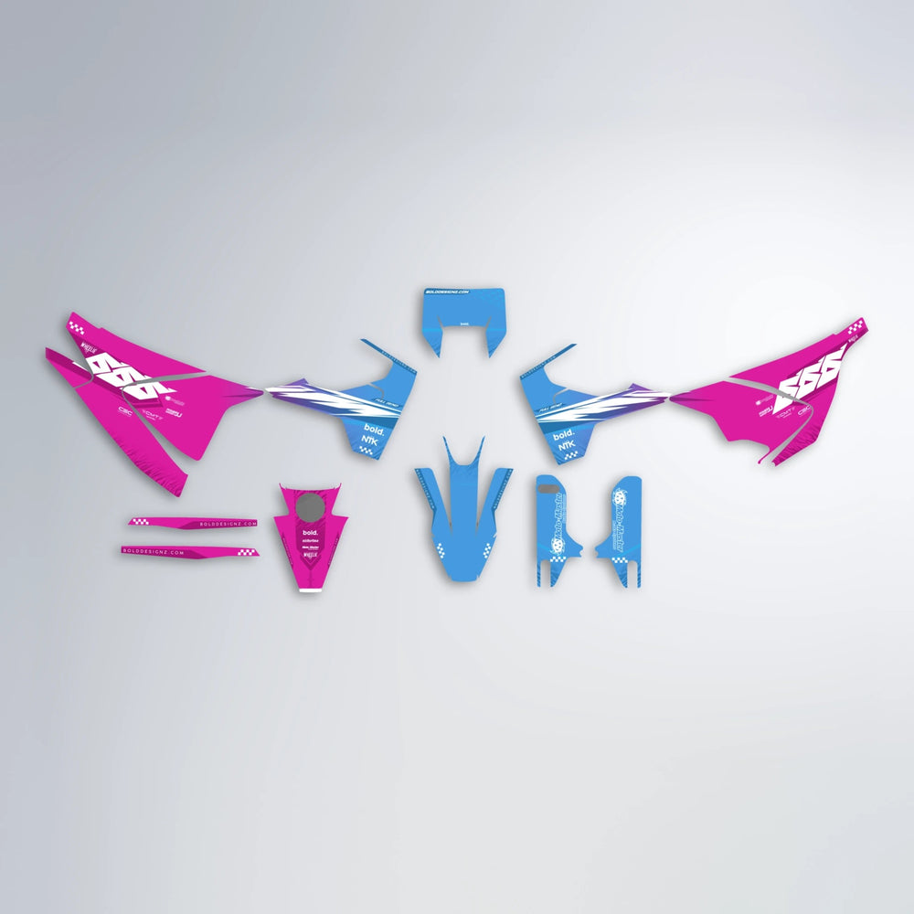 NTK V5 Husqvarna 701 graphics kit parts layout in Pink & Light Blue