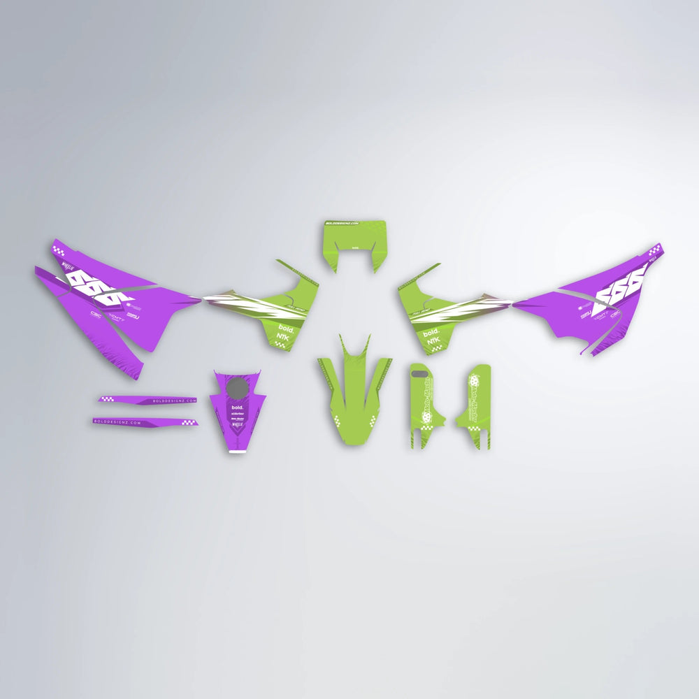 NTK V5 Husqvarna 701 graphics kit parts layout in Purple & Yellow