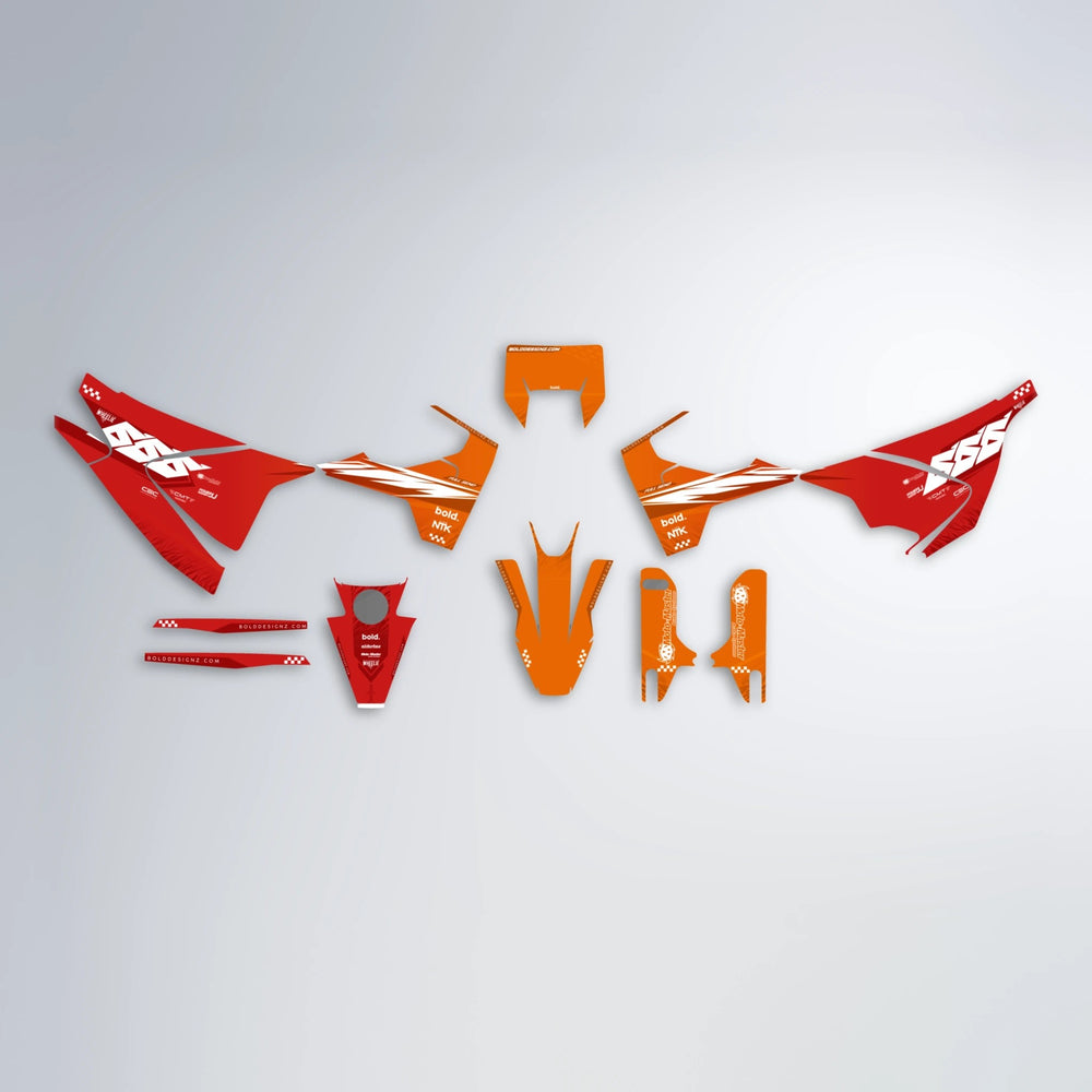 NTK V5 Husqvarna 701 graphics kit parts layout in Red & Orange