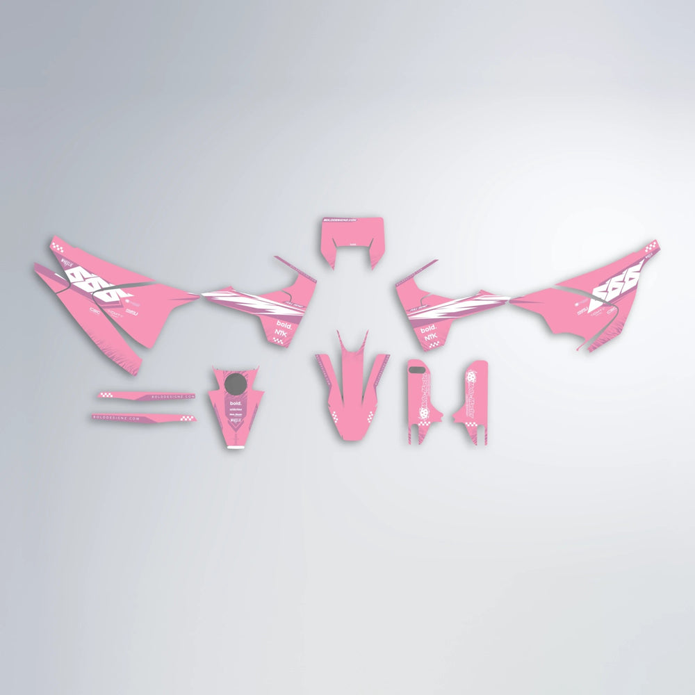 NTK V5 Husqvarna 701 graphics kit parts layout in Sakura Pink