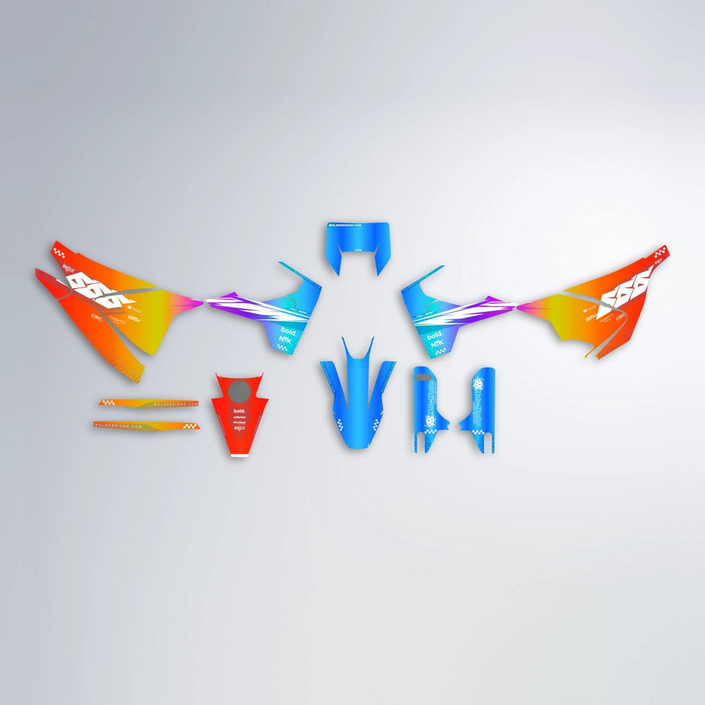 NTK V5 Husqvarna 701 graphics kit parts layout in Sunset Fade
