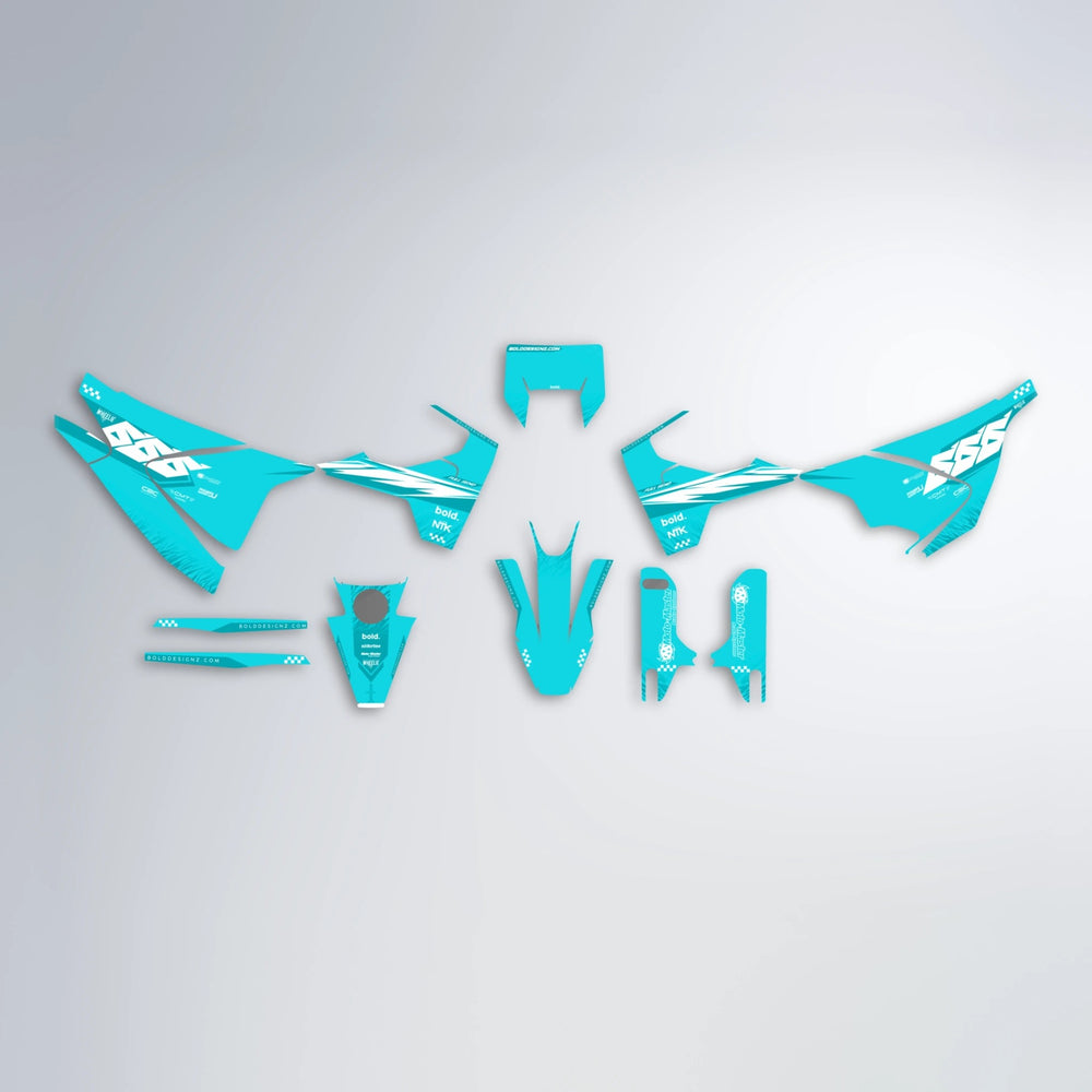 NTK V5 Husqvarna 701 graphics kit parts layout in Teal