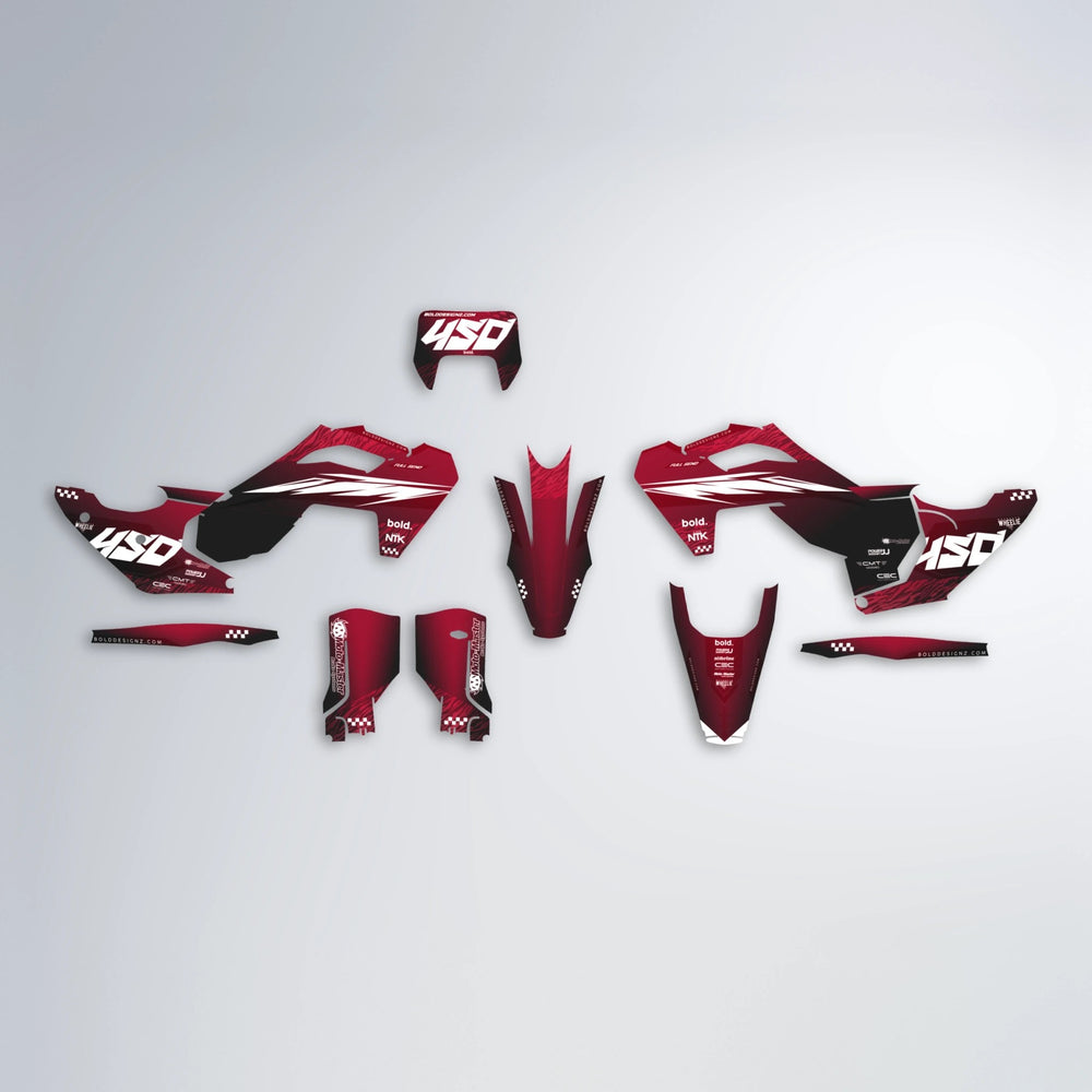 NTK V5 Husqvarna FE/TE graphics kit parts layout in Black & Red
