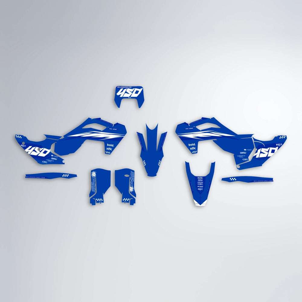 NTK V5 Husqvarna FE/TE graphics kit parts layout in Blue