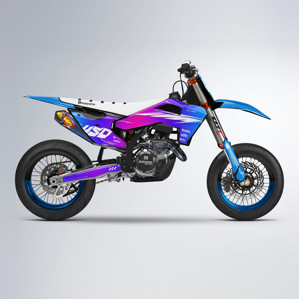 NTK V5 Husqvarna FE/TE supermoto graphics kit in Blue Purple Fade