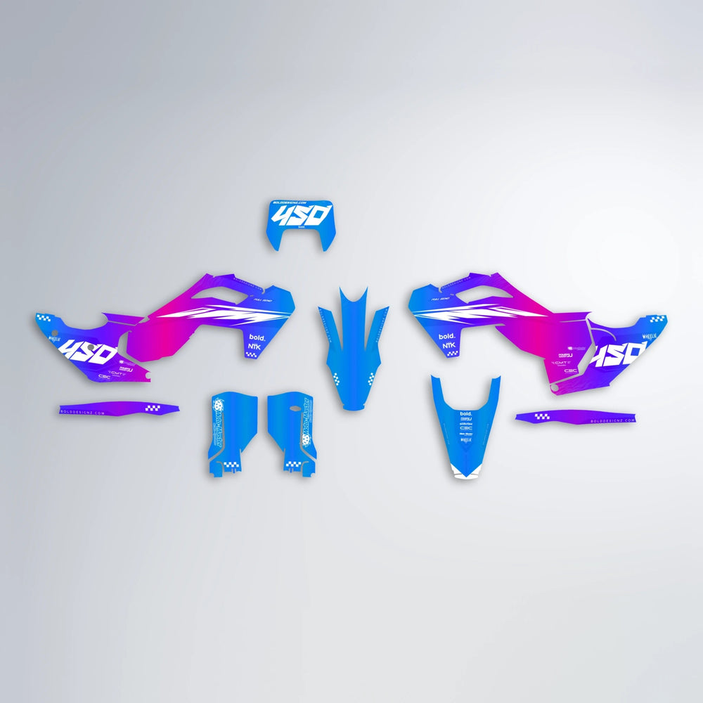 NTK V5 Husqvarna FE/TE graphics kit parts layout in Blue Purple Fade