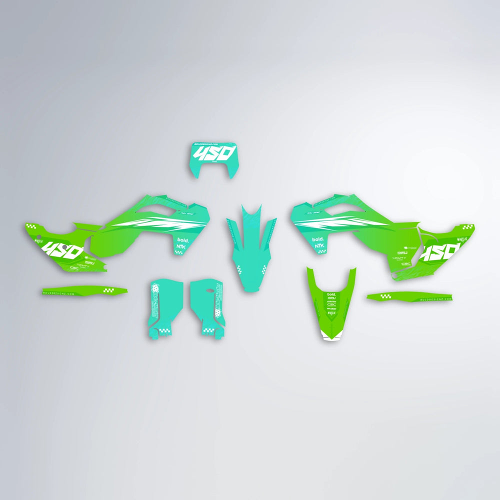 NTK V5 Husqvarna FE/TE graphics kit parts layout in Cyan & Green