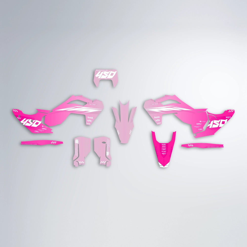 NTK V5 Husqvarna FE/TE graphics kit parts layout in Flamingo