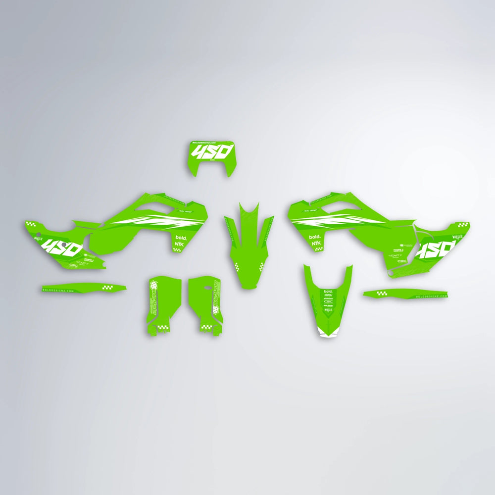 NTK V5 Husqvarna FE/TE graphics kit parts layout in Green