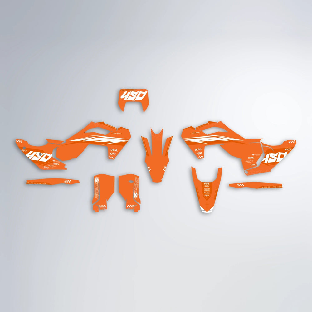 NTK V5 Husqvarna FE/TE graphics kit parts layout in Orange