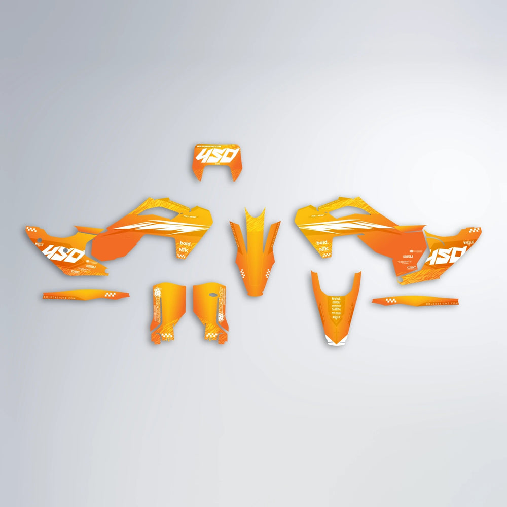 NTK V5 Husqvarna FE/TE graphics kit parts layout in Orange & Yellow