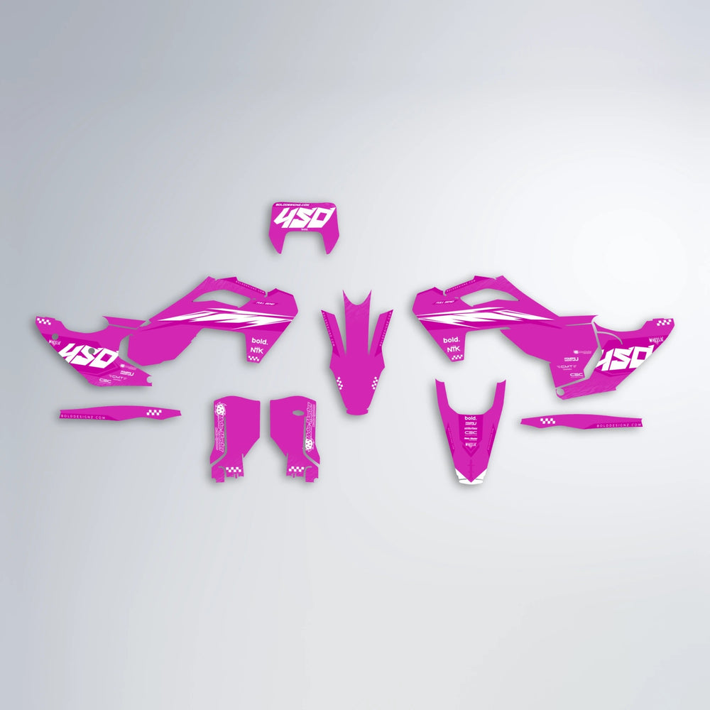 NTK V5 Husqvarna FE/TE graphics kit parts layout in Pink