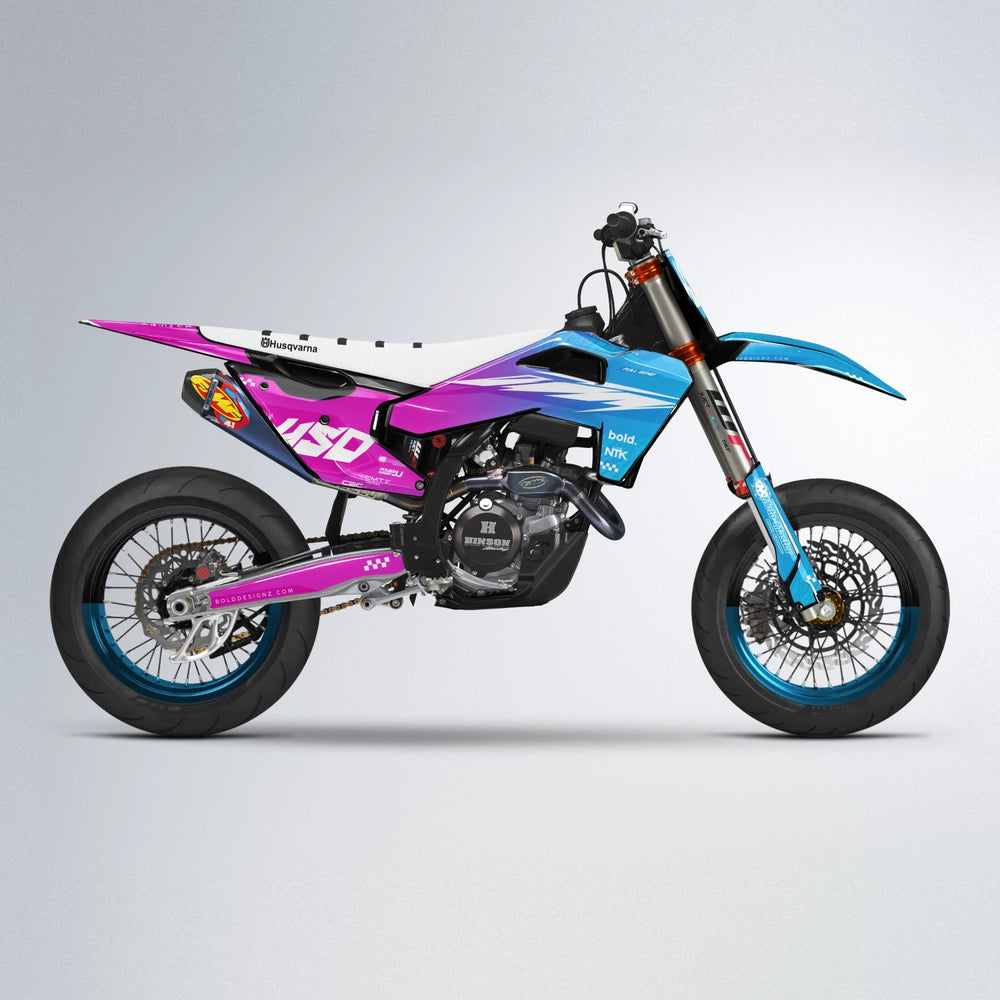 NTK V5 Husqvarna FE/TE supermoto graphics kit in Pink & Light Blue