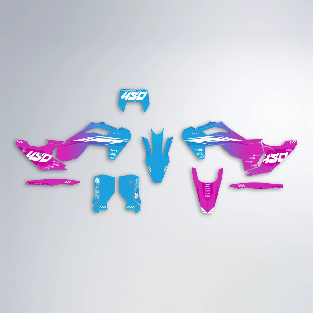 NTK V5 Husqvarna FE/TE graphics kit parts layout in Pink & Light Blue