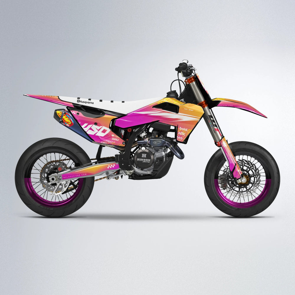 NTK V5 Husqvarna FE/TE supermoto graphics kit in Pink & Yellow