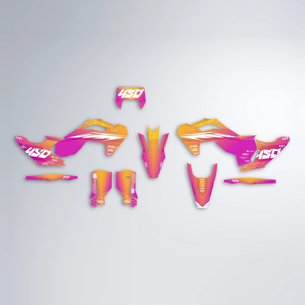 NTK V5 Husqvarna FE/TE graphics kit parts layout in Pink & Yellow
