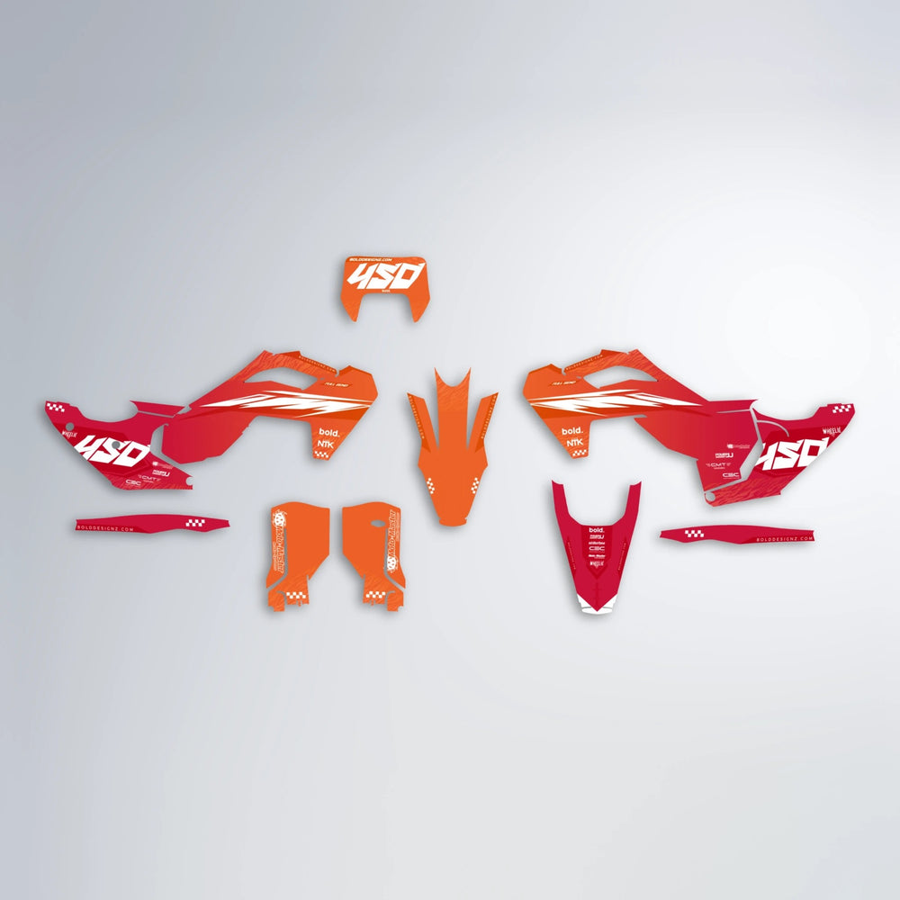 NTK V5 Husqvarna FE/TE graphics kit parts layout in Red & Orange