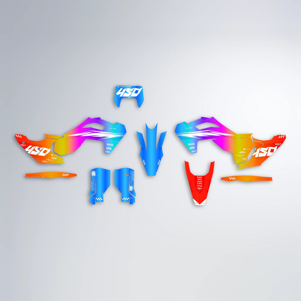 NTK V5 Husqvarna FE/TE graphics kit parts layout in Sunset Fade