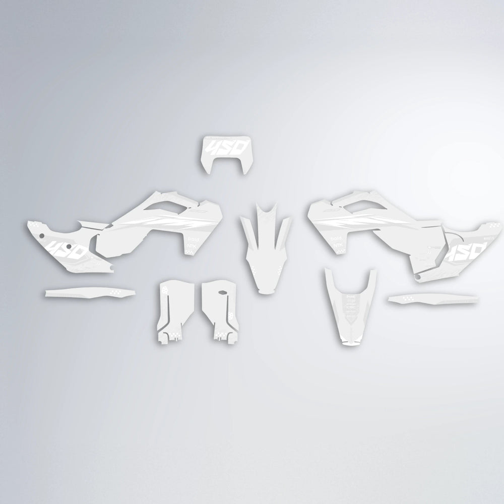 NTK V5 Husqvarna FE/TE graphics kit parts layout in White
