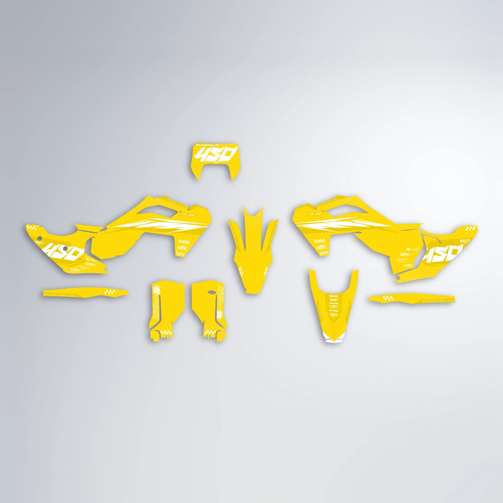 NTK V5 Husqvarna FE/TE graphics kit parts layout in Yellow