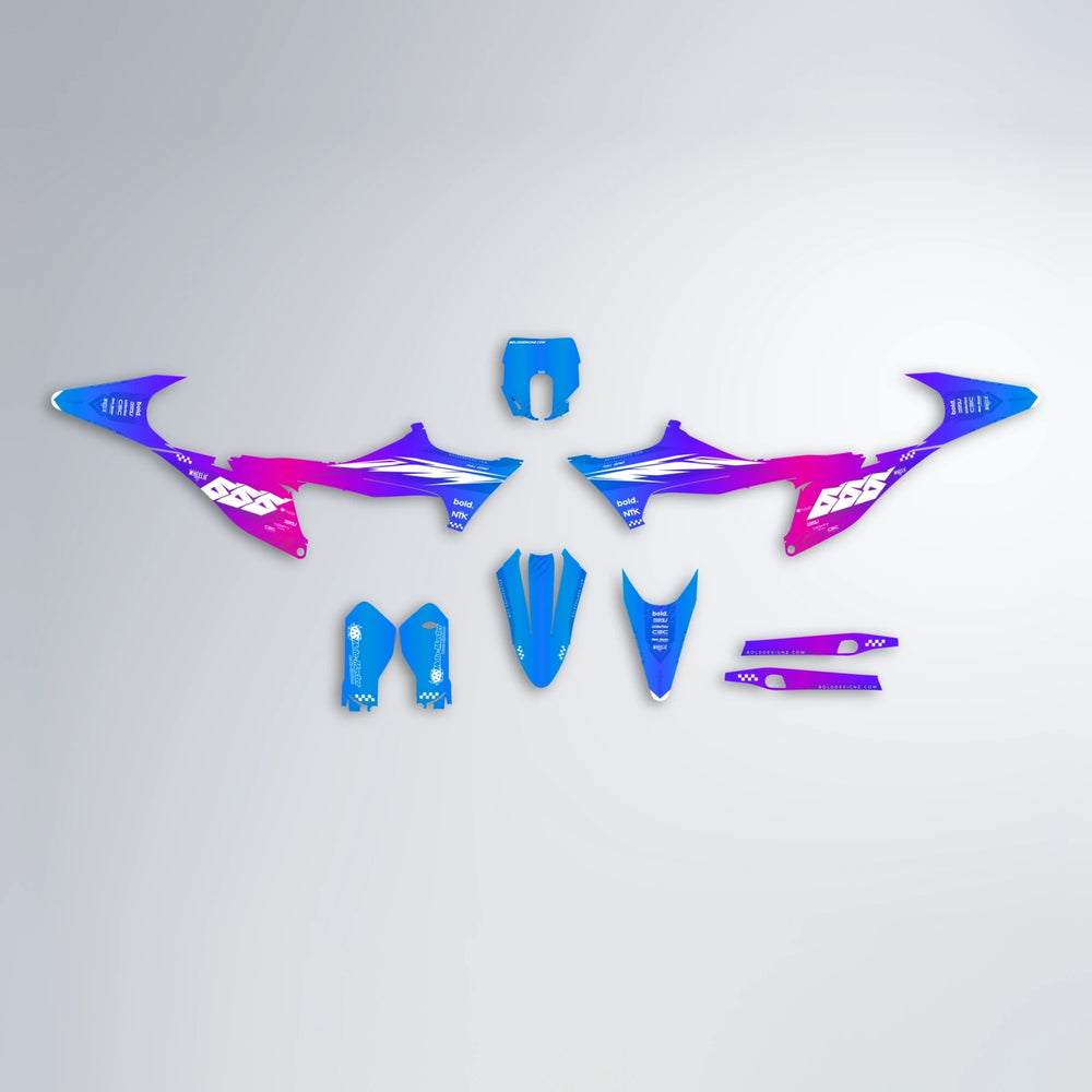 NTK V5 Stark Varg MX graphics kit parts layout in Blue Purple Fade