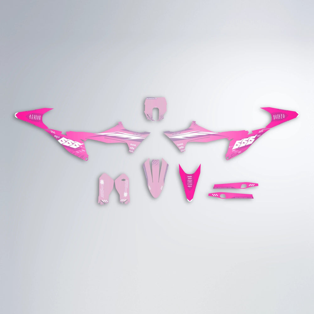 NTK V5 Stark Varg MX graphics kit parts layout in Flamingo