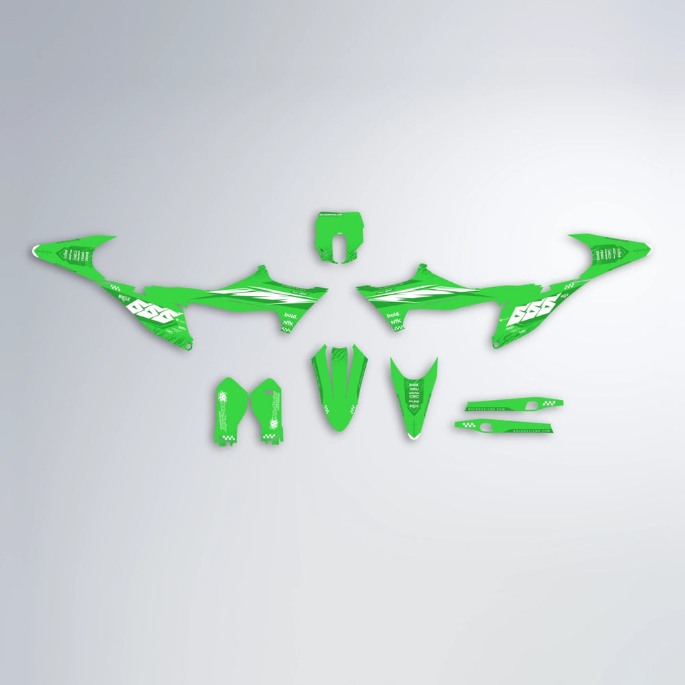 NTK V5 Stark Varg MX graphics kit parts layout in Green