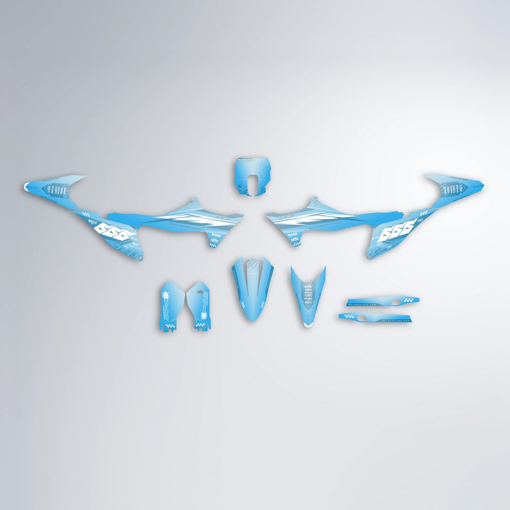 NTK V5 Stark Varg MX graphics kit parts layout in Light Blue & White