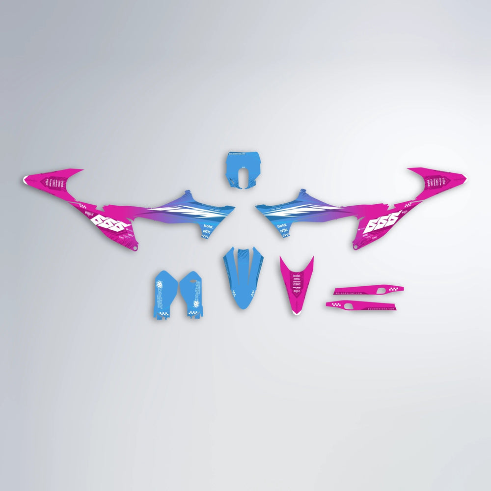 NTK V5 Stark Varg MX graphics kit parts layout in Pink & Light Blue