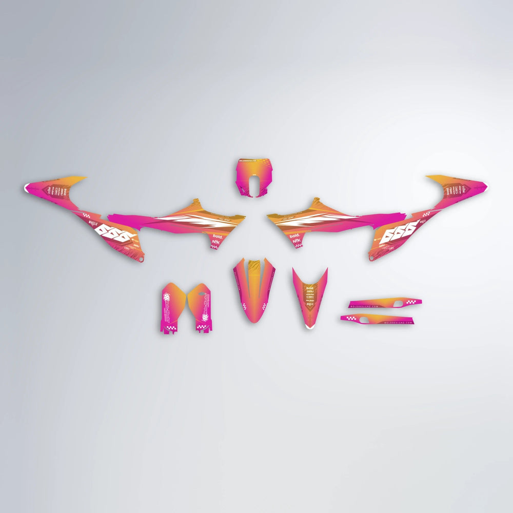 NTK V5 Stark Varg MX graphics kit parts layout in Pink & Yellow