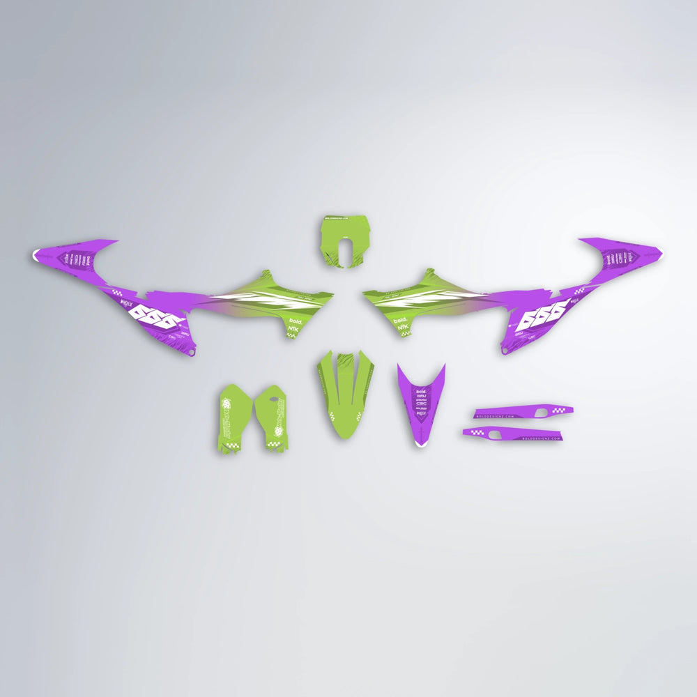 NTK V5 Stark Varg MX graphics kit parts layout in Purple & Yellow