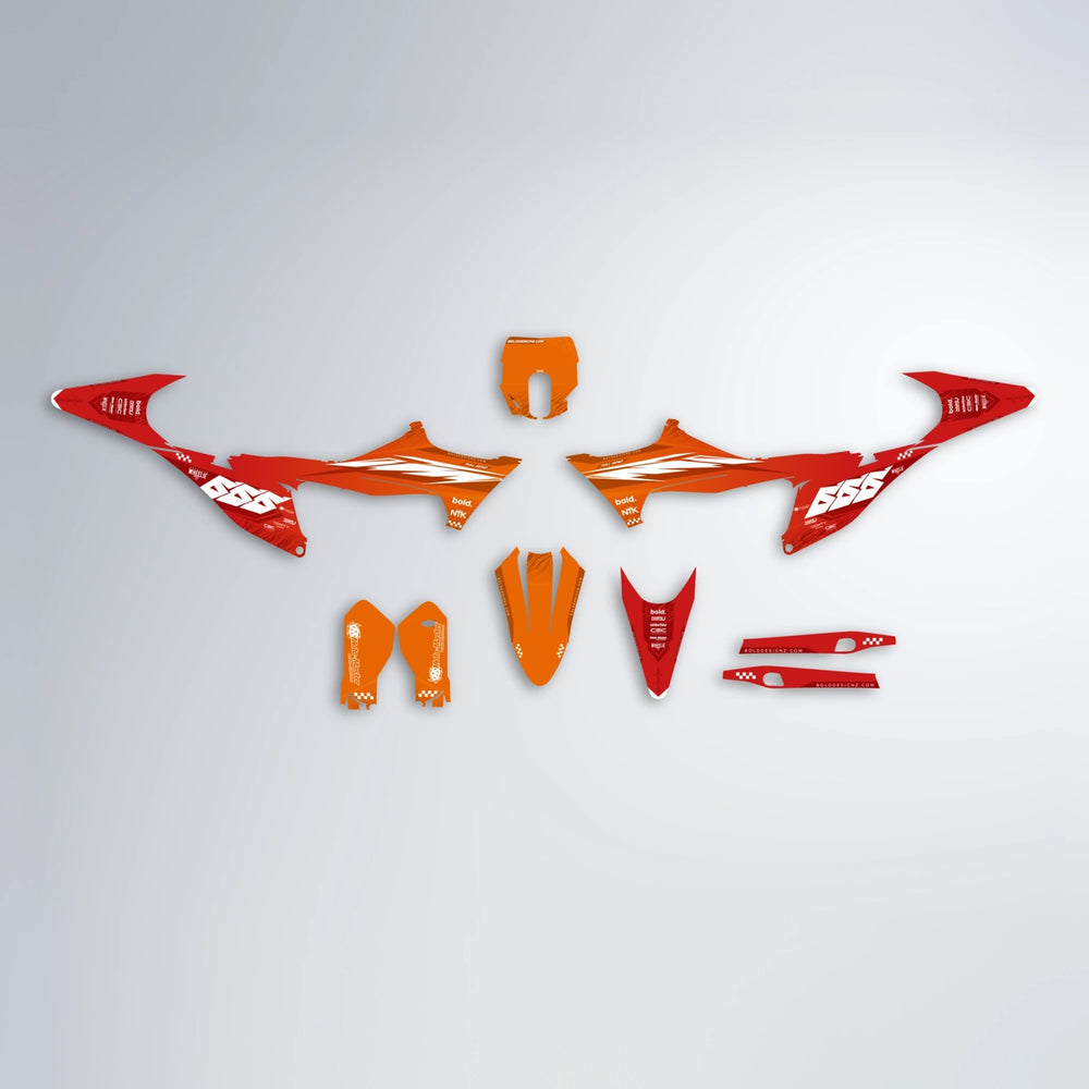 NTK V5 Stark Varg MX graphics kit parts layout in Red & Orange