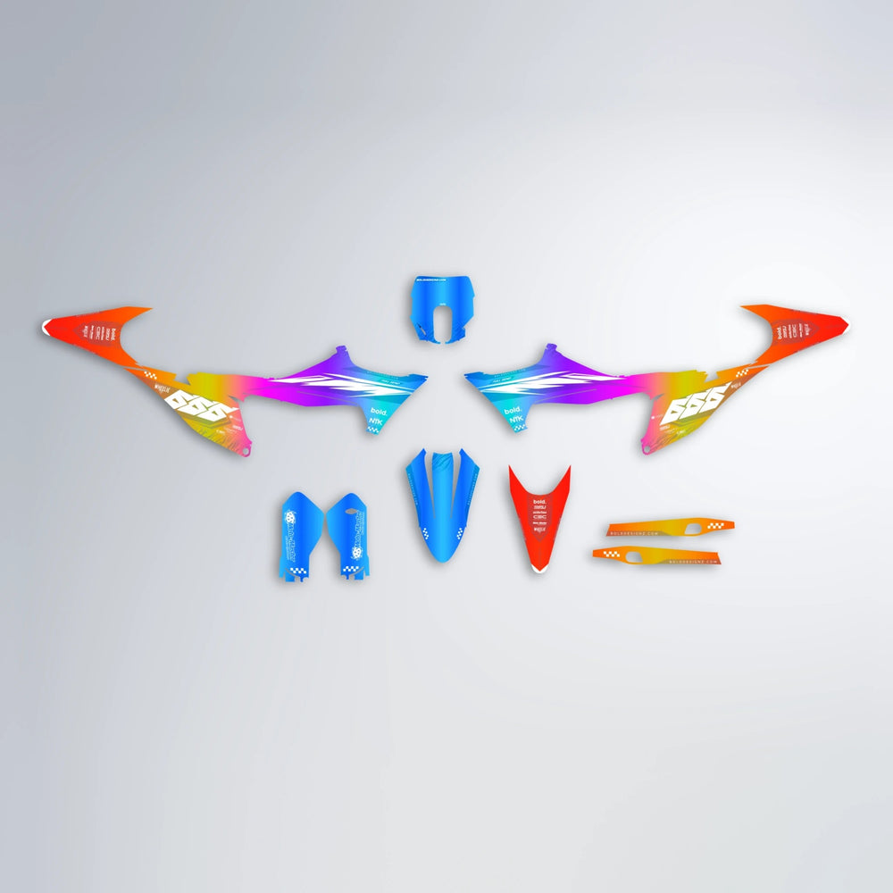 NTK V5 Stark Varg MX graphics kit parts layout in Sunset Fade