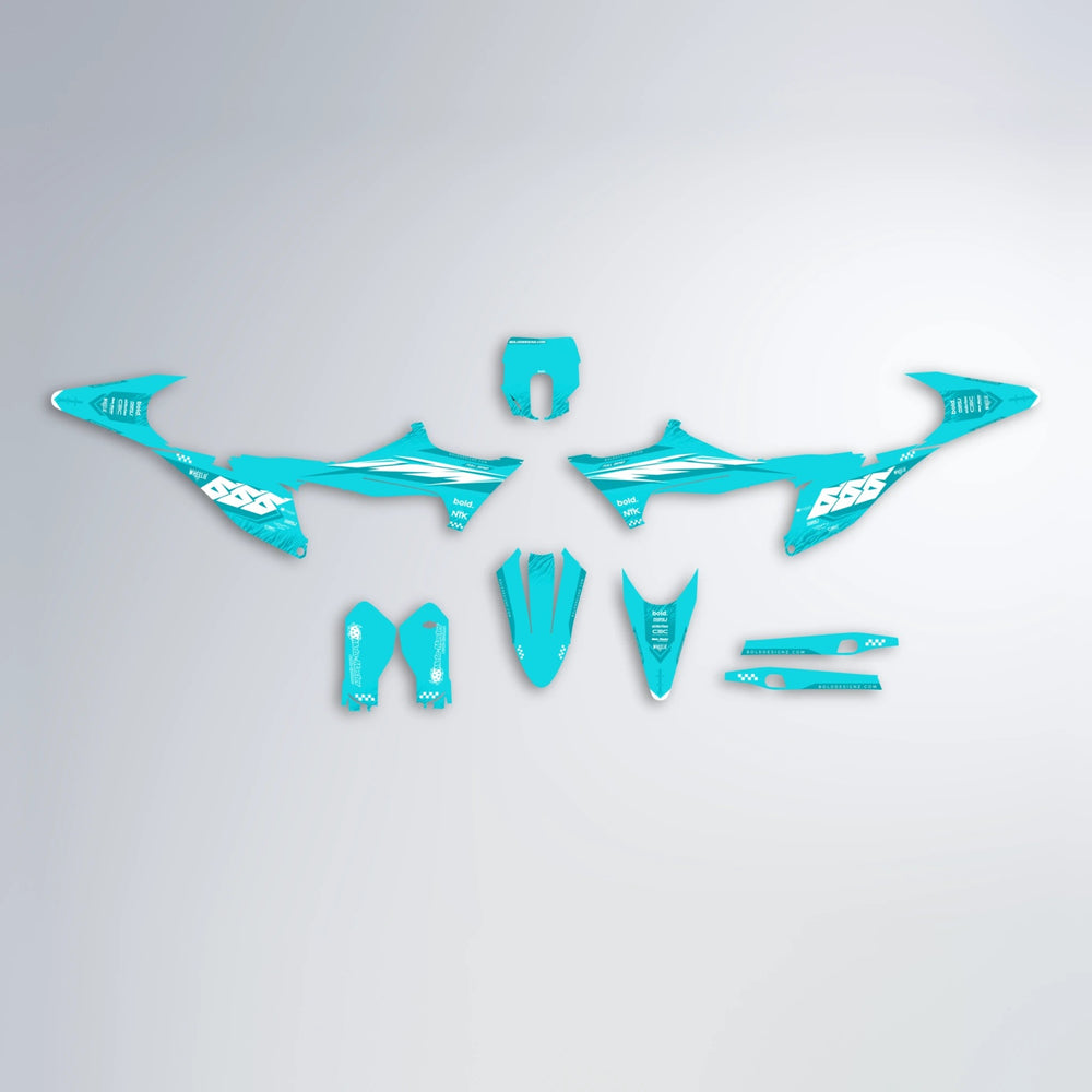 NTK V5 Stark Varg MX graphics kit parts layout in Teal