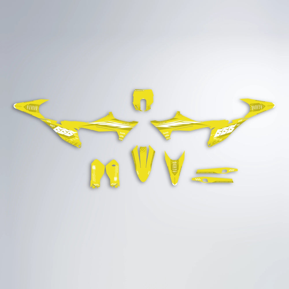 NTK V5 Stark Varg MX graphics kit parts layout in Yellow