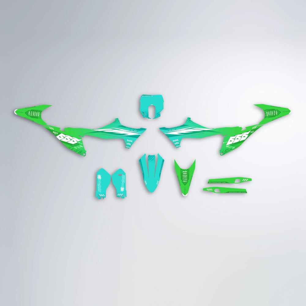 NTK V5 Stark Varg SM graphics kit parts layout in Cyan & Green