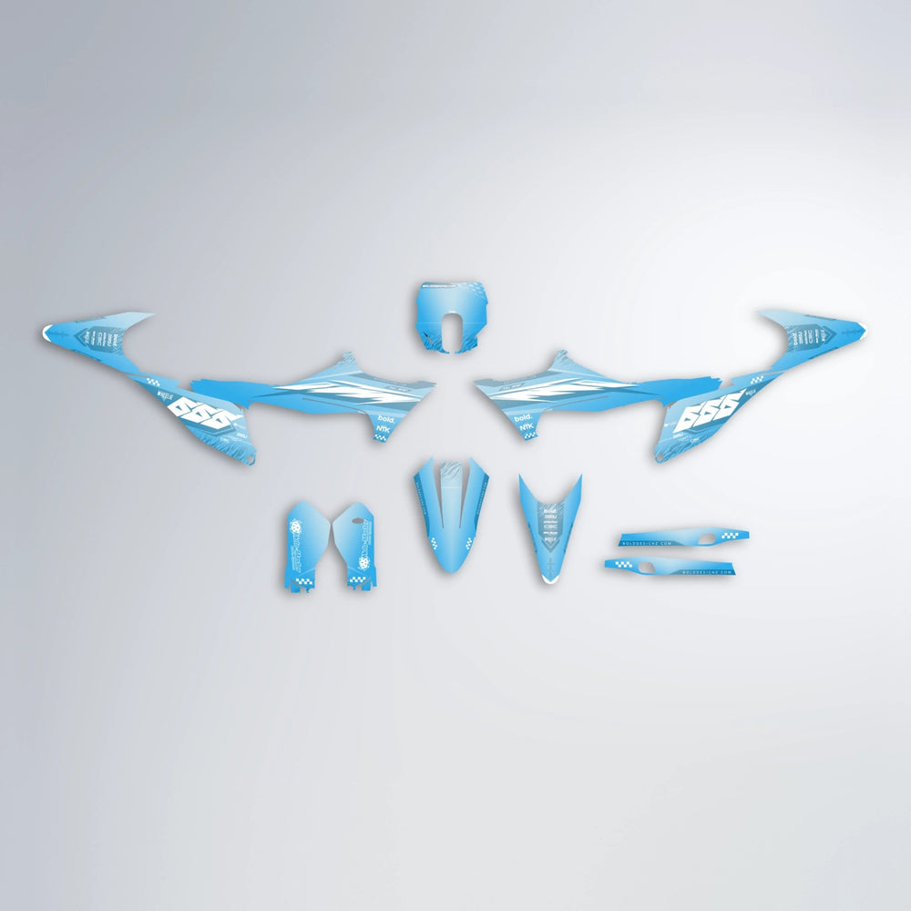 NTK V5 Stark Varg SM graphics kit parts layout in Light Blue & White