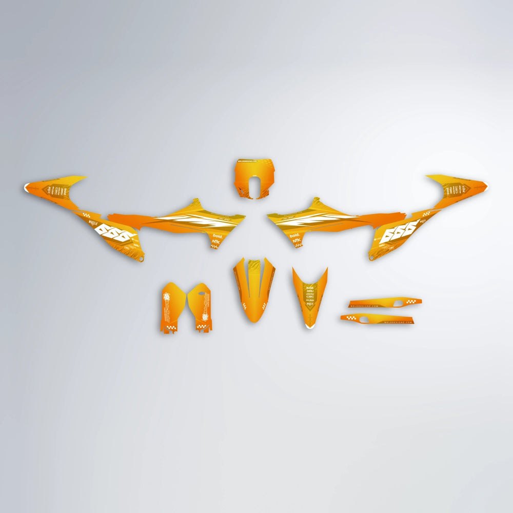 NTK V5 Stark Varg SM graphics kit parts layout in Orange & Yellow
