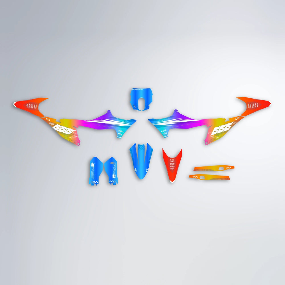 NTK V5 Stark Varg SM graphics kit parts layout in Sunset Fade