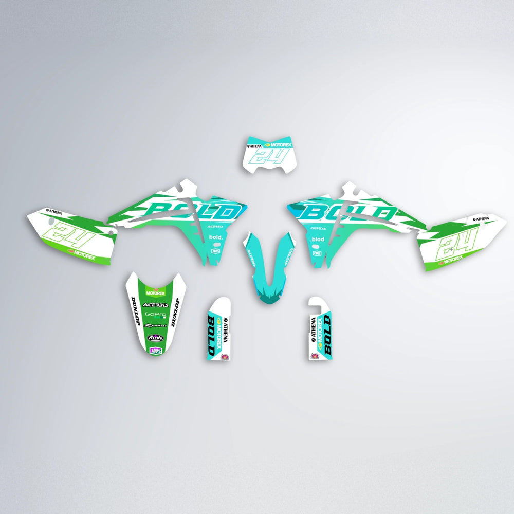 OCEAN Fantic graphics kit parts layout in Cyan & Green