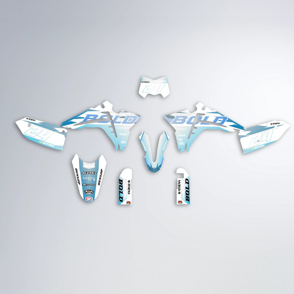 OCEAN Fantic graphics kit parts layout in Light Blue & White