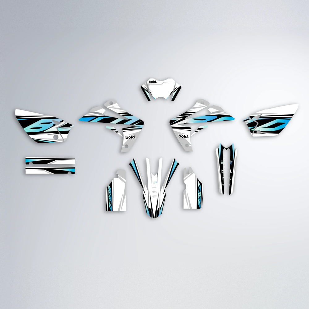 OPTIC Rieju MRT graphics kit parts layout in Light Blue & White