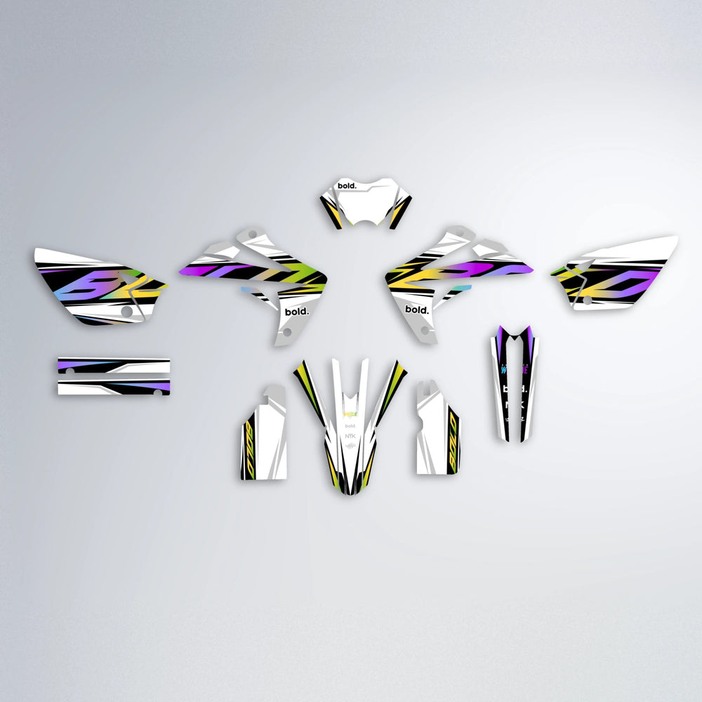 OPTIC Rieju MRT graphics kit parts layout in Purple & Yellow