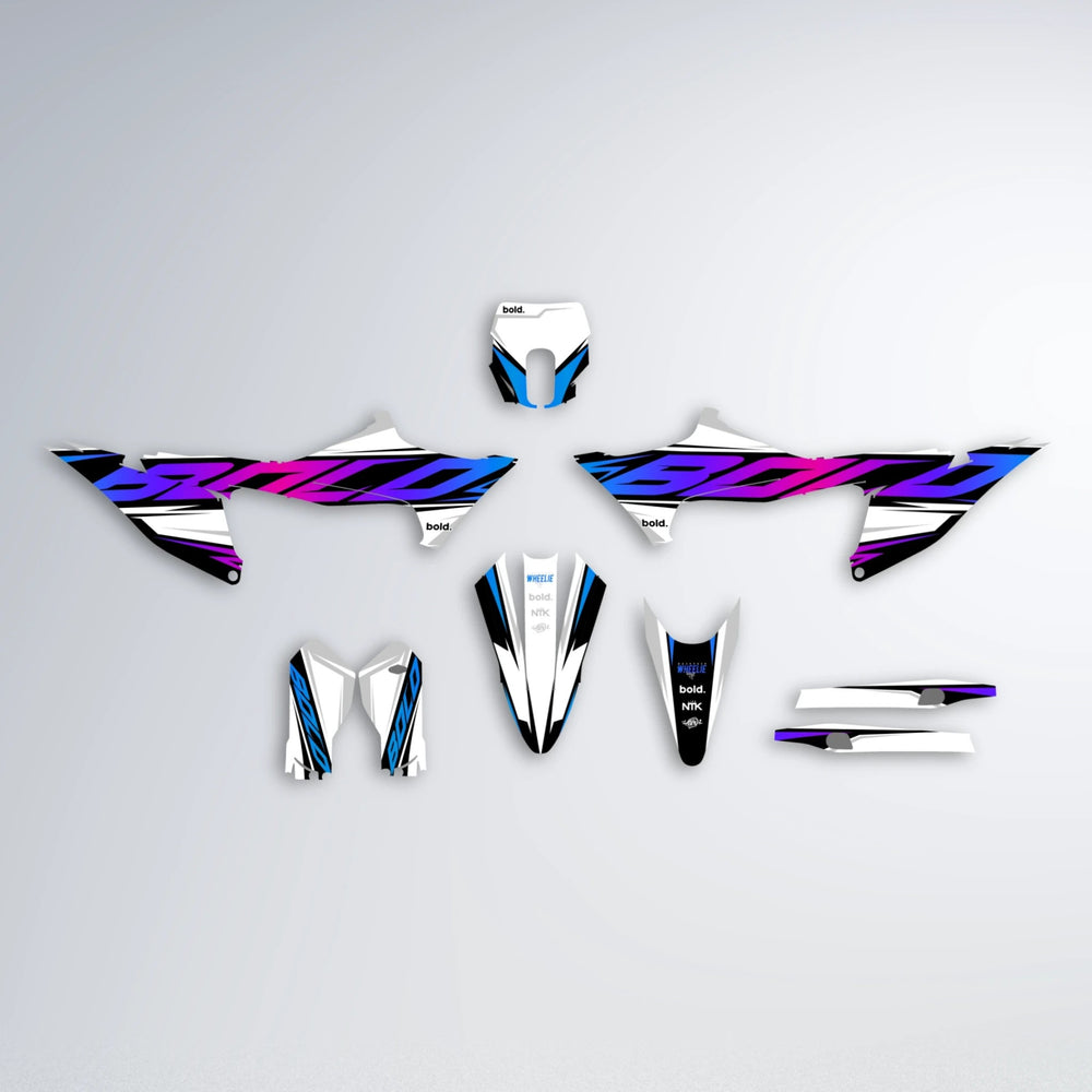 OPTIC Stark Varg MX graphics kit parts layout in Blue Purple Fade