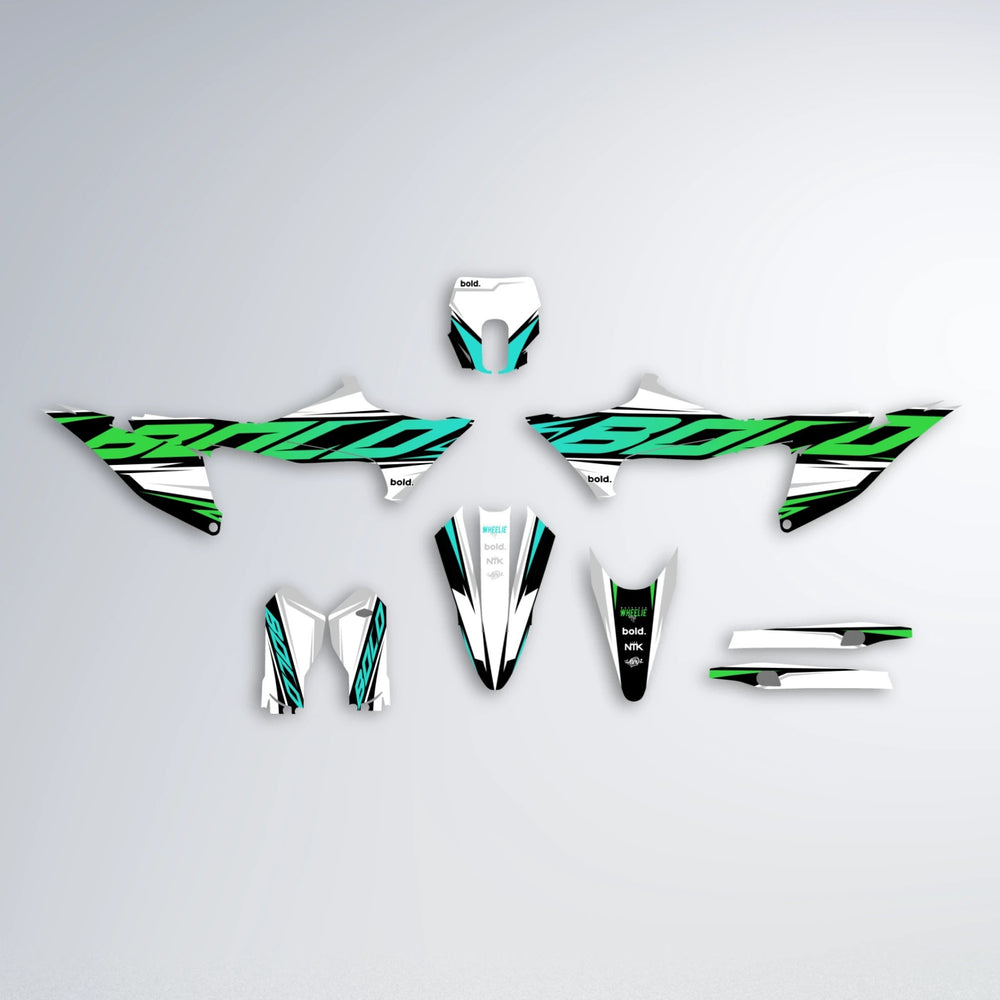 OPTIC Stark Varg MX graphics kit parts layout in Cyan & Green