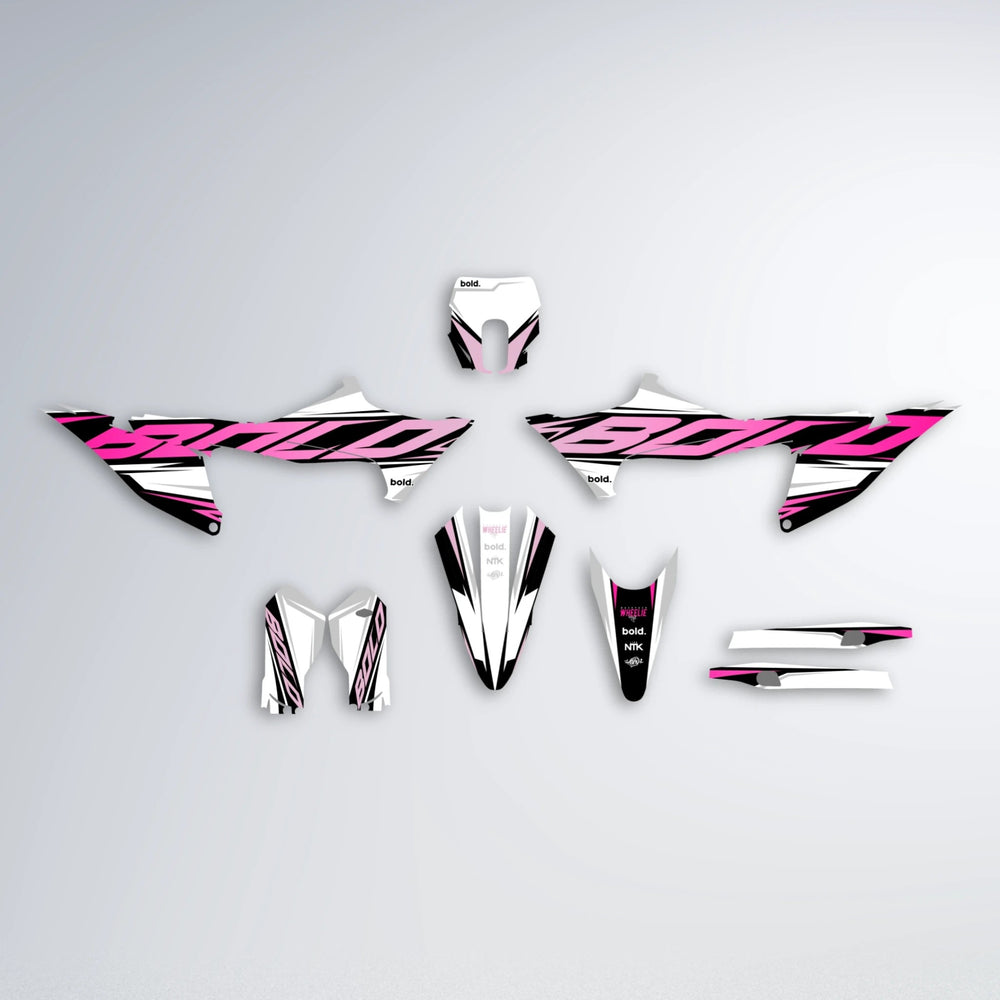 OPTIC Stark Varg MX graphics kit parts layout in Flamingo
